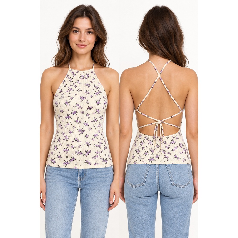 ASOS DESIGN Purple Floral Waffle Knit Halter Neck Tie Back Crop Top Cream US 8